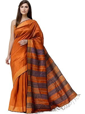 Burnt-Orange Kosa Sari from Jharkhand with Golden Border and  Woven Strips on Pallu