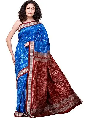 Directoire-Blue Sambhalpuri Handloom Sari from Orissa with Ikat Weave and Rudraksha Border
