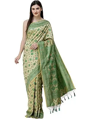 Reed-Yellow and Green Sari from Assam with Woven Motifs