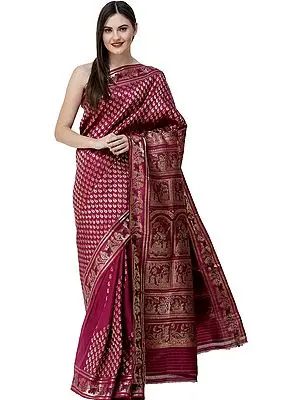 Boysenberry Baluchari Sari from Bengal with Woven Bootis and Mahabharta Episodes on Pallu