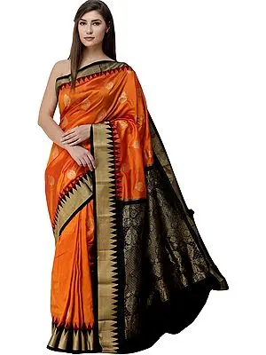 Orange-Ochre Brocaded Uppada Sari from Bangalore with Zari Woven Motifs and Temple Border