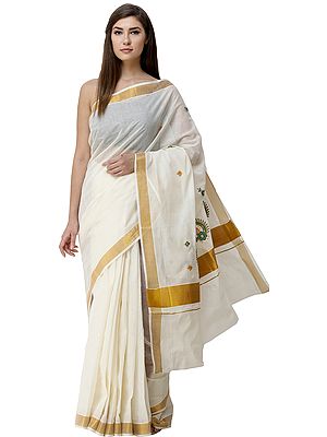Cream Kasavu Sari from Kerala with Embroidered  Motifs and Golden Border