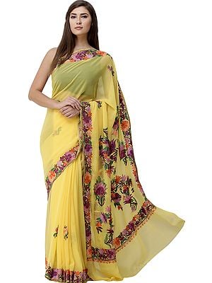 Empire-Yellow  Sari from Kashmir with Aari-Embroidered Multicolor Flowers