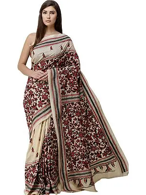 Bleached-Sand Sari from Bengal with Kantha Hand-Embroidered Flowers All-Over