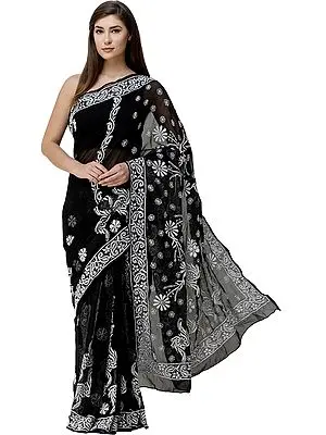 Caviar-Black Sari from Lucknow with Chikan Hand-Embroidered Flowers and Paisleys