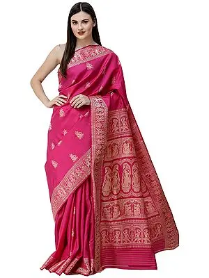 Very-Berry Baluchari Sari from Bengal with Woven Apsaras on Border and Pallu