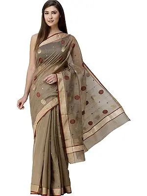 CornStalk Chanderi Sari from Madhya Pradesh with Zari-Woven Border and Bootis