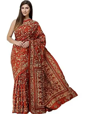 Burnt-Ochre Sari from Bengal with Dense Kantha Hand-Embroidered Flowers All-Over
