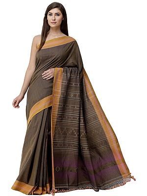Coffee-Liqueur Sari from Kutch with Woven Bootis and Stripes on Pallu