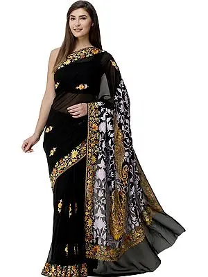 Pirate-Black Sari from Kashmir with Aari-Embroidered Flowers and Paisleys