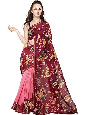 Rumba-Red and Pink Batik Sari from Madhya Pradesh with Printed Fishes
