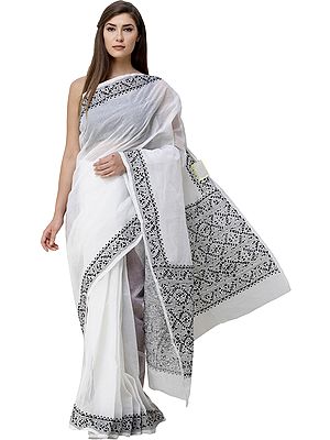 Snow-White Sari from Bengal with Kantha Hand-Embroidery on Border and Pallu