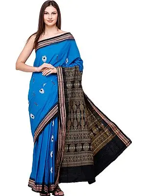 Swedish-Blue Bomkai Sari from Orissa with Motifs and  Hand-Woven Bootis on Pallu