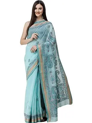 Blue-Tint Lukhnavi Chikan Sari from Lucknow with Hand-Embroidered Paisleys and Woven Border