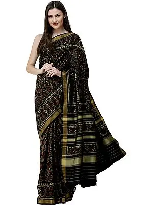 Phantom-Black Patola Sari from Patan with Ikat Weave All-Over