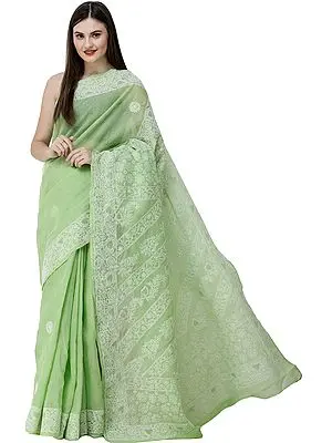 Arcadian-Green Sari from Lucknow with Chikan Hand-Embroidered Flowers on Anchal