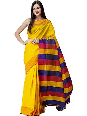 Gold-Fusion Katan Sari from Bengal with Multicolor Woven Strips on Pallu