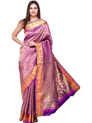 Royal-Lilac  Brocaded Wedding Sari from Bangalore with Zari-Woven Bootis and Paisleys on Anchal
