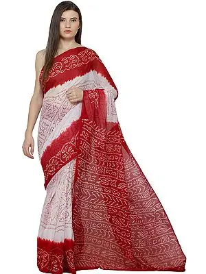 Red and White Bandhani Tie-Sye Sari from Gujarat