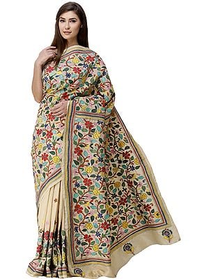Beige Tussar Sari from Kolkata with  Kantha Hand-Embroidered Multicolor Flowers All-Over
