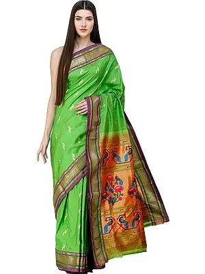 Classic-Green Brocaded Paithani Sari with Hand-woven Peacocks and Lotuses