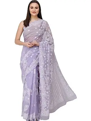 Heirloom-Lilac Sari from Lucknow with Chikan Hand-Embroidered Flowers and Paisleys