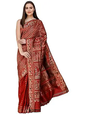 Tandori-Spice Baluchari Sari from Bengal with Hand-woven Ramayana Episodes on Anchal