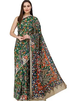 Fairway-Green Kalamkari Sari from Telangana with Printed Flowers and Peacocks All-Over