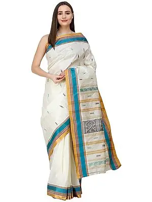 Banana-cream Garad Saree from Bengal with Woven Pallu and Golden Border