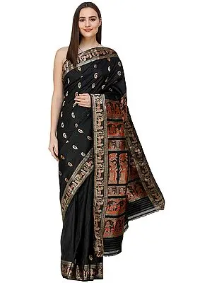 Jet-Black Baluchari Sari from Bengal with Woven Mythological Episodes on Anchal