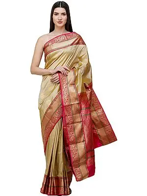 Pampas-Beige Uppada Sari from Bangalore with Zari-Woven Bootis and Animals on Pallu