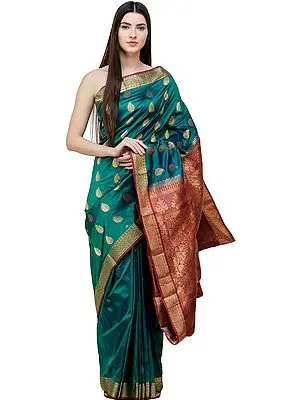 Pacific-Green Uppada Sari from Bangalore with Zari-Woven Leaves and Brocaded Pallu