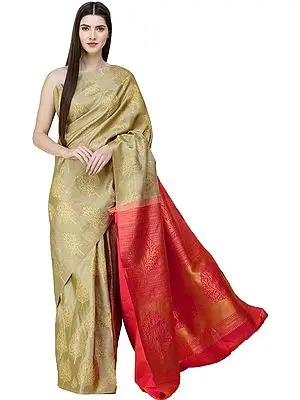 Gravel-Beige Uppada Fusion Sari from Bangalore with Zari-Woven Trees All-Over