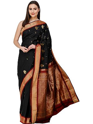 Caviar-Black Kanjivaram Sari from Bangalore with Zari-Woven Motifs on Anchal