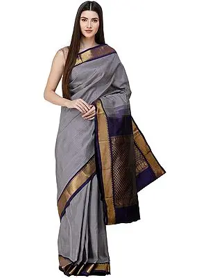 Blue-Ribbon Kanjivaram Saree from Bangalore with Zari-Woven Pallu and Checks