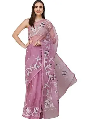 Violet-Tulle Muslin Jamdani Sari from Bengal with Woven Flowers