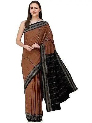 Mocha-Mousse Sambhalpuri Sari from Orissa with Woven Strips and Bootis on Pallu