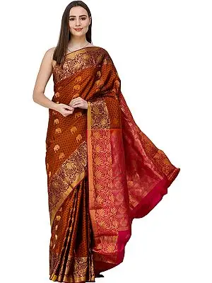 Ginger-Bread Uppada Sari from Bangalore with Zari-Woven Elephants and Lotuses on Border and Pallu