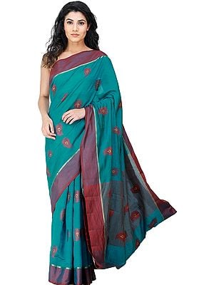 Kanji Cotton Sari from Tamil Nadu with Woven Peacock Feathers All-Over