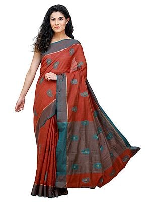 Kanji Cotton Sari from Tamil Nadu with Woven Peacock Feathers All-Over