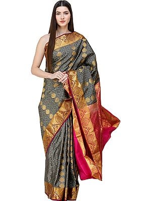 Aluminum-Grey Uppada Sari from Bangalore with Zari-Woven Motifs on Border and Pallu