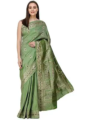 Green-Eyes Baluchari Saree from Bengal with Hand-Woven Mahabharta Episodes on Anchal