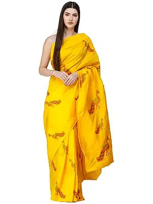 Lemon-Chrome Sari from Kanjivaram with Embroidered Peacocks
