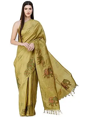 Golden-Green Sari from Chennai with Embroidered Elephants