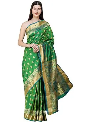 Vibrant-Green Meenakari Sari from Banaras with Zari-Woven Peacock Motifs on Anchal