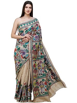 Bleached-Sand Tussar Sari from Kolkata with Kantha Hand-Embroidered Trees and Village Tribes in Multicolor Thread