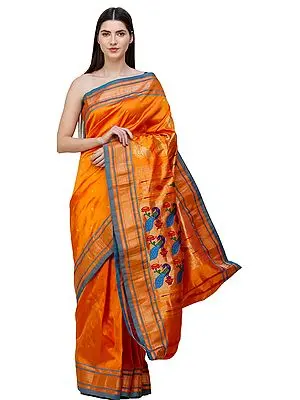 Amberglow Brocaded Paithani Sari from Maharashtra with Hand-woven Peacocks on Anchal