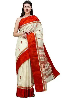 Cream and Red Garad Sari from Bengal with Woven Pallu