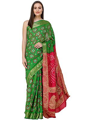 Bandhani Tie-Dye Sari from Gujarat with Zari-Woven Border and Pallu