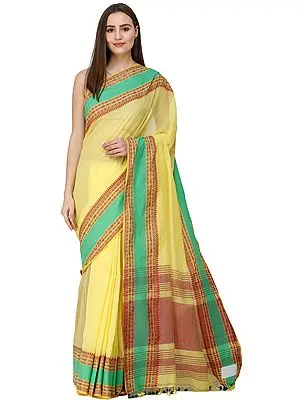 Aurora-Yellow Puja Sari from Kolkata with Woven Bootis on Border and Stripped Pallu